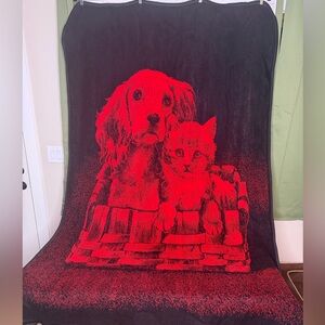Vintage San Marcos Reversible Black/Red Dog & Cat in the Basket Throw Blanket